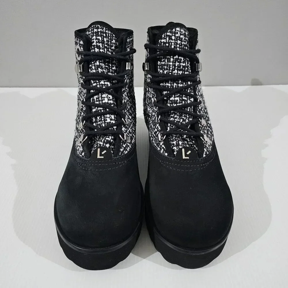 Larroude Black and White Tweed Lace-Up Ankle Booties - Picture 5 of 12